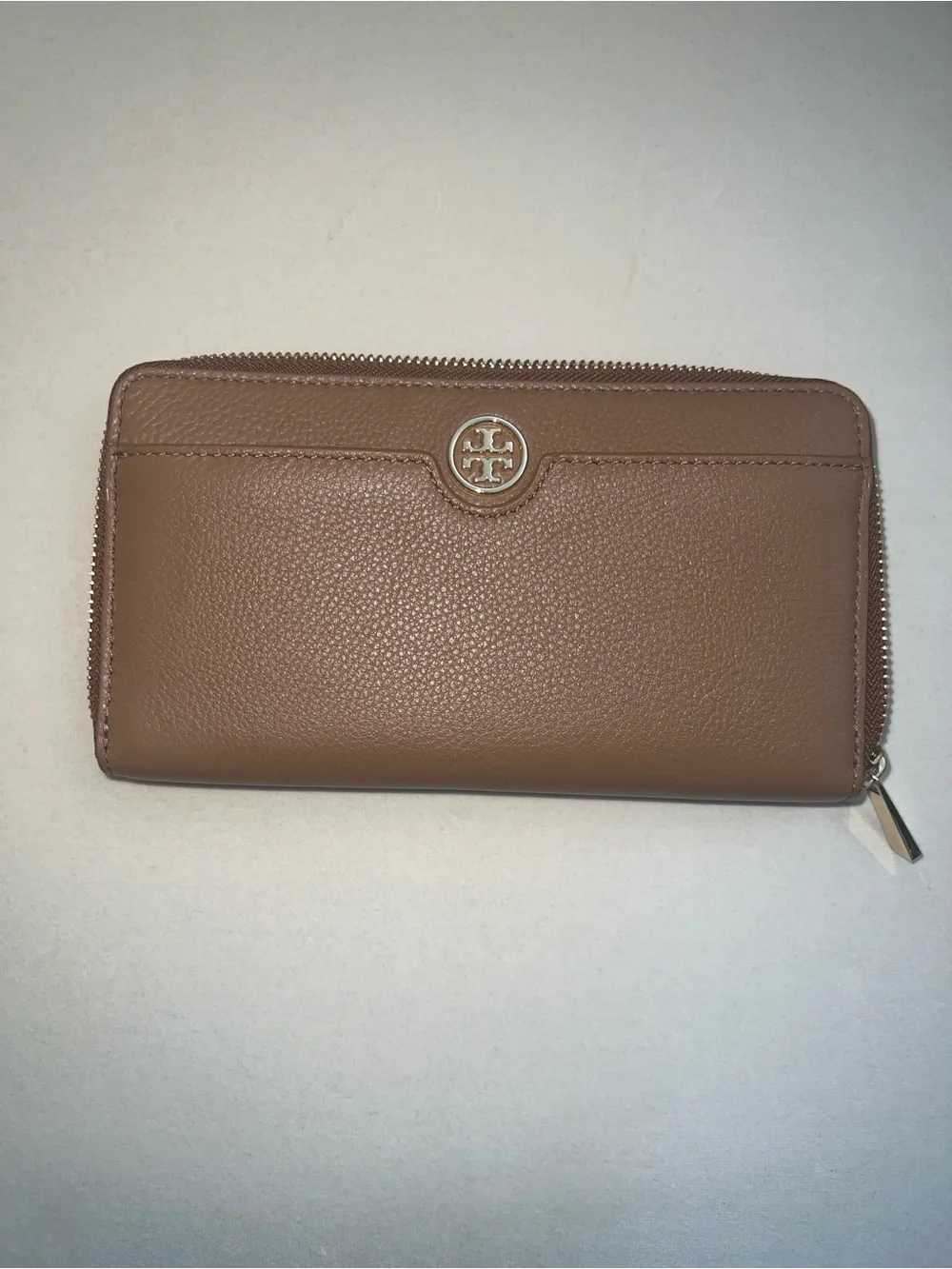 Tory Burch Pebbled Leather Zip Wallet in Light Brown